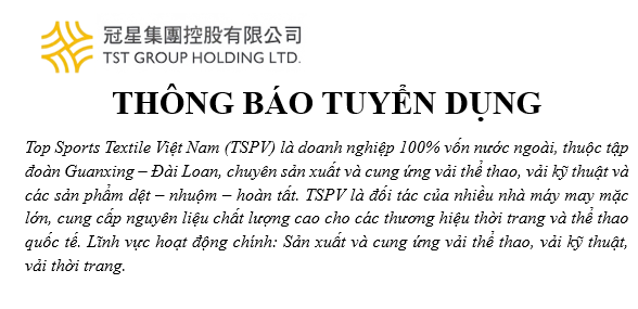 Thông tin tuyển dụng của Công ty Top Sports Textile Việt Nam